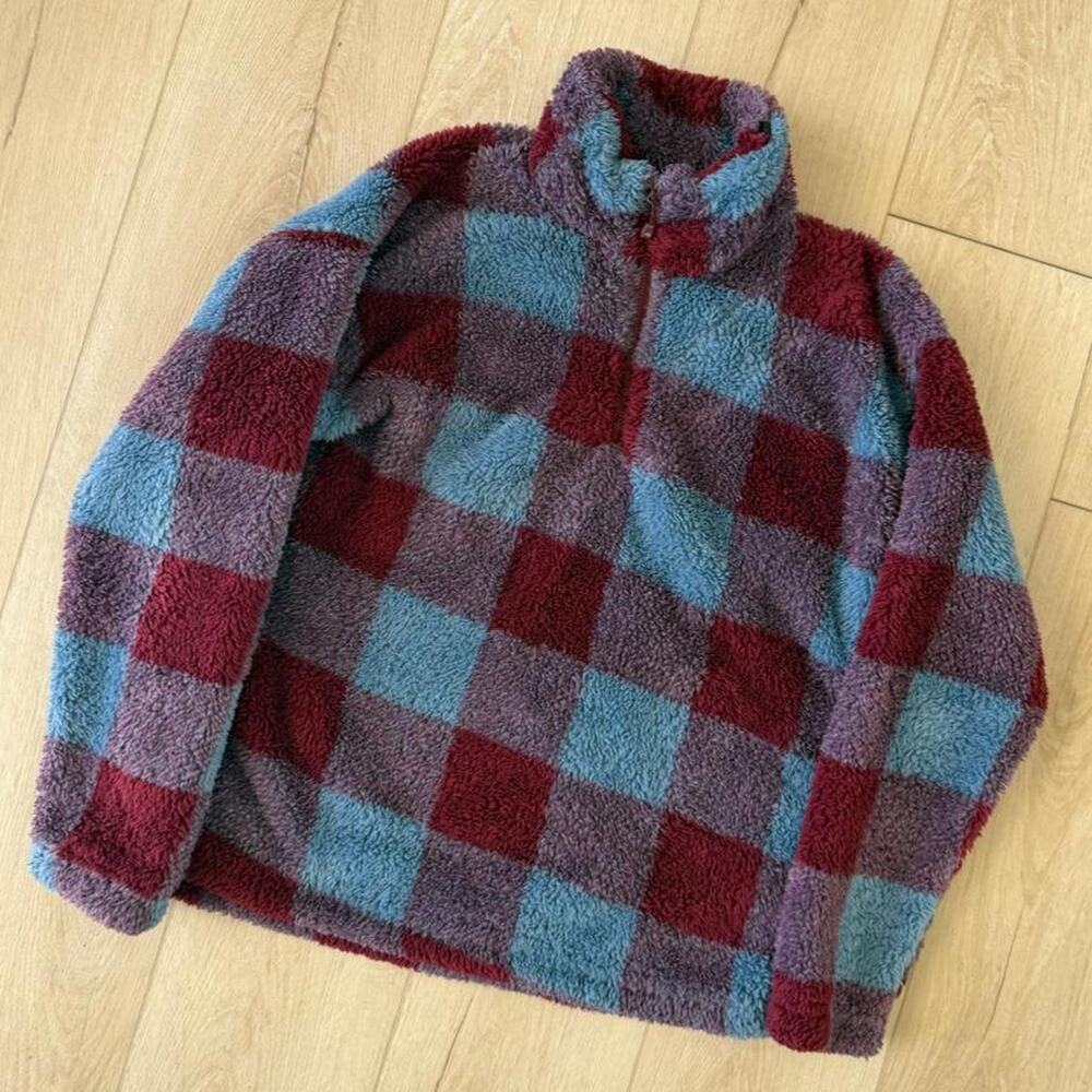 Eddie Bauer Check Fleece Quarter Zip - Burgundy / Blue